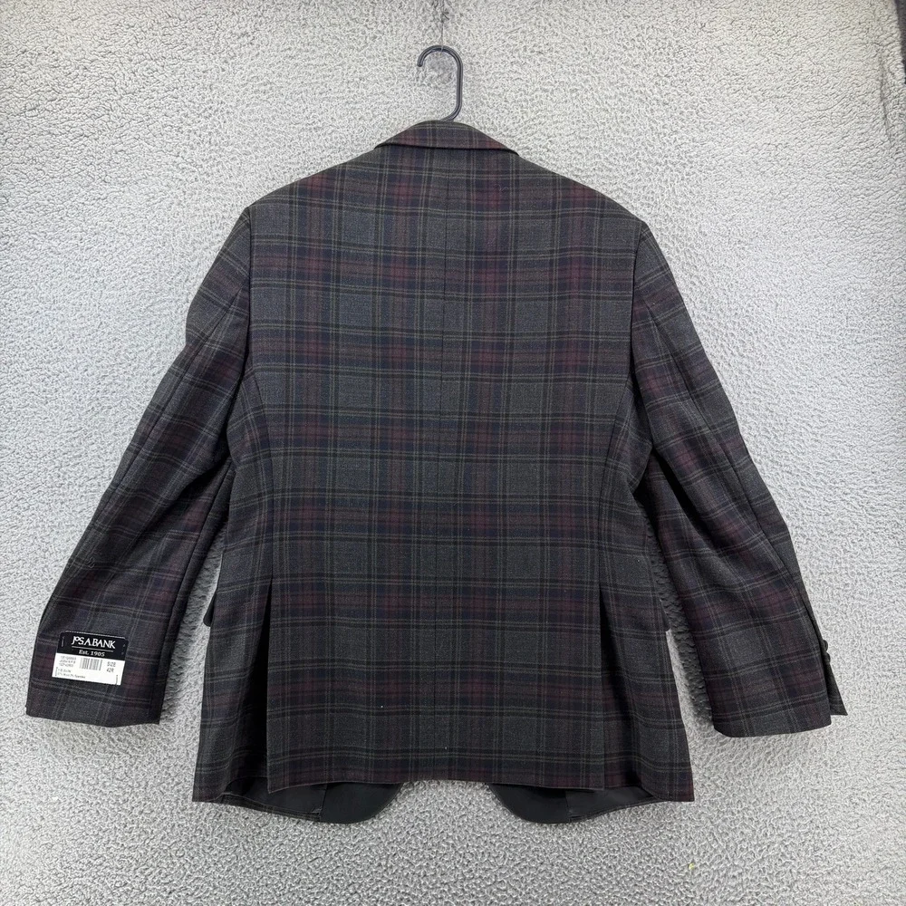 NEW Jos A Bank Plaid Tuxedo Dinner Jacket Satin Peak Lapel Burgundy Gray Men 42R
